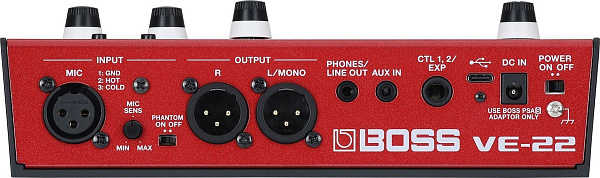 Вокальный процессор эффектов BOSS [VE-22] Vocal Performer с 3 секциями обработки (Harmony, Effect, Echo), 50 пресетами и 99 ячейками памяти. Эффекты: Reverb, Delay, Distortion, Lo-Fi, Pitch Correction и др. XLR-вход с фантомным питанием, USB-C
