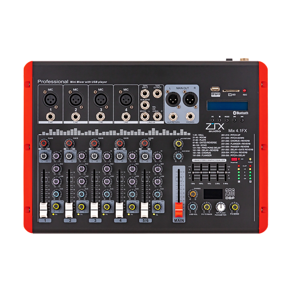 ZTX audio Mix 4.1.Fx - Микшерный пульт 4mono, 1stereo каналы с MP3/SD/DSP/BT