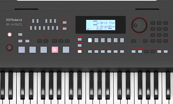 Синтезатор ROLAND [E-X50] с автоаккомпанементом, 61 клавишей (чувствительной к нажатию), 256-голосной полифонией. 689 тембров, 300 стилей аранжировки, Bluetooth 5.0, микрофонный вход, USB. Вес: 9,6 кг.