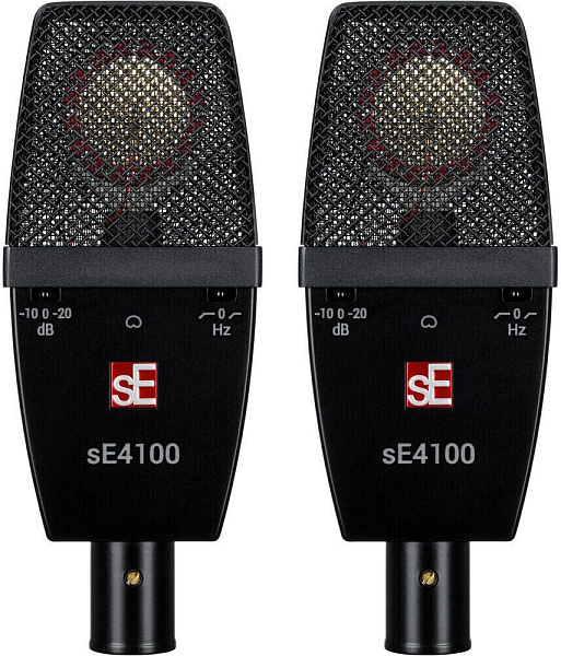 Микрофон конденсаторный sE Electronics [SE 4100 Pair] подобранная пара универсальных студийных конденсаторных микрофонов с большой диафрагмой 1", 20 Гц - 20 кГц, кардиоида, комплектация: два держателя "паук", два резьбовых адаптера, планка для крепления