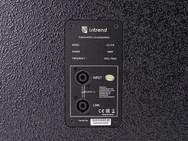 Сабвуфер Intrend [ILS-S18] пассивный, корпусной. 18" НЧ, 38-150 Гц, 900 Вт RMS, чувствительность 101 дБ, SPL 131 дБ, 8 Ом. Цвет чёрный, корпус дерево.