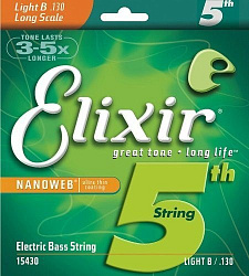 Elixir 15430 NANOWEB Отдельная 5-я струна для бас-гитары, Light B, 130 никелированная