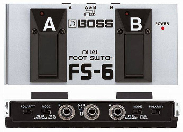Двойной ножной переключатель (2 футсвитча) BOSS [FS-6] с режимами latch и momentary. Питание: 9 В. Размеры: 188x91x43 мм, вес: 470 г. Разъём: 1/4" (Jack), стереовход. Совместим с усилителями и эффектами.