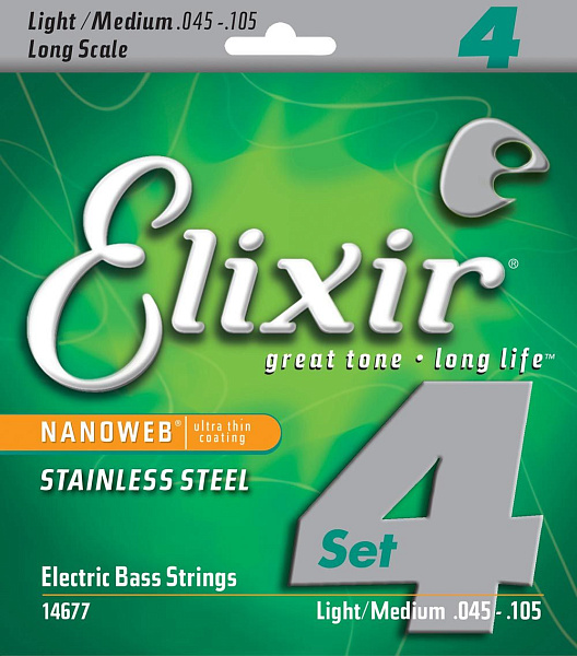 Elixir 14677 NanoWeb - Струны для бас-гитары Medium 45-105, сталь