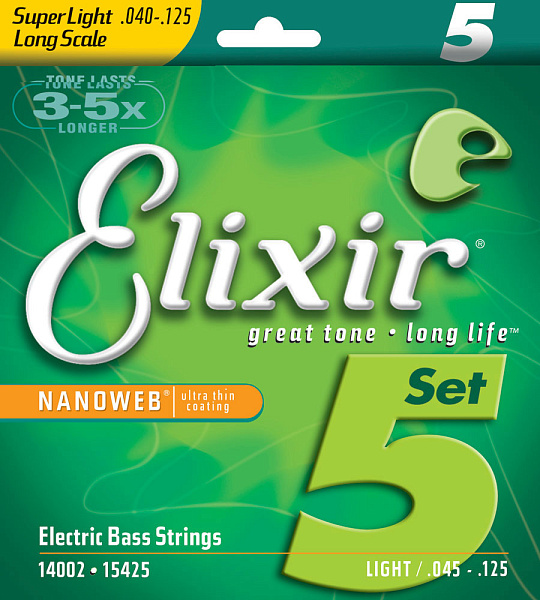 Elixir 14002 NANOWEB Комплект струн для бас-гитары, никелированные, Super Light, 40-95