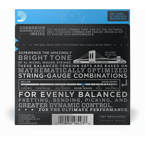 D'Addario EXL115 BT - Струны для электрогитары (11-50), Balanced Tension, серия XL 