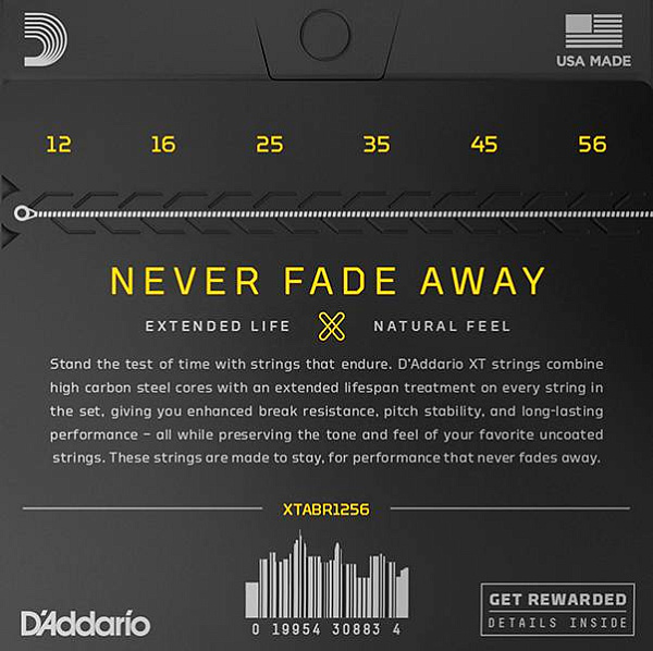 D'Addario XTABR1256 XT - Комплект струн для акустической гитары, бронза 80/20, 12-56, с покрытием 
