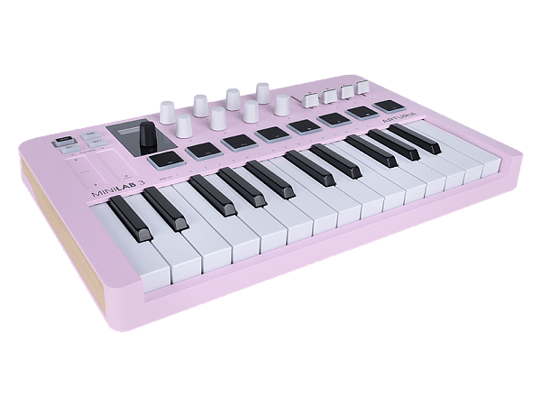 MIDI клавиатура [231509] Arturia [MiniLAB 3 Rose Quartz] 25 клавиш, 8 энкодеров, 8 RGB пэдов, 8 фейдеров, дисплей, сенсорные регуляторы Pitch/Modulation, MIDI-выход, 1/4" Jack вход педали, режим Chord, арпеджиатор, USB-C