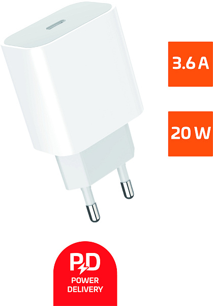 00-00022766 Сетевое зарядное устройство GPPD06 Type-C 20W PD3.0, белый, GoPower
