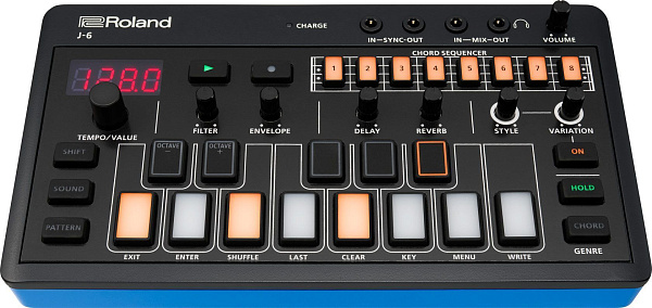 Компактный аккордовый синтезатор ROLAND [J-6] AIRA Compact J-6, имитирует Juno-60 (ACB-технология). 64 тембра, 64 паттерна, секвенсер, эффекты, USB Type-C, вес 295 г, работа до 4,5 ч.