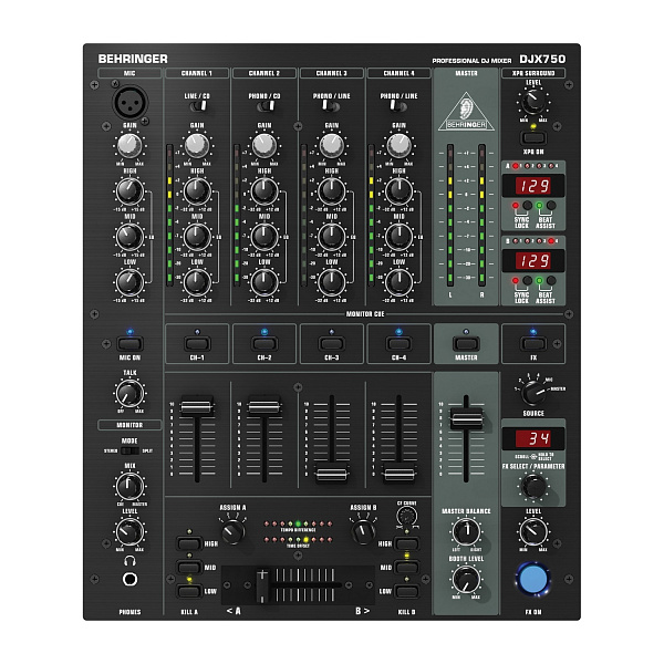 Behringer DJX750 - микшер для DJ, 5 вход. канала (4 стерео, плюс микрофонный),эквалайзер