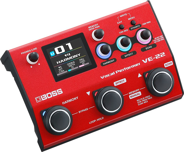 Вокальный процессор эффектов BOSS [VE-22] Vocal Performer с 3 секциями обработки (Harmony, Effect, Echo), 50 пресетами и 99 ячейками памяти. Эффекты: Reverb, Delay, Distortion, Lo-Fi, Pitch Correction и др. XLR-вход с фантомным питанием, USB-C