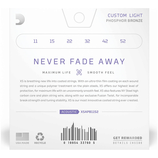 D'Addario XSABR 1152 - Струны для акустической гитары 11-52, Custom Light, серия XS