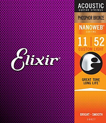 ELIXIR 16027 NanoWeb струны для акустич. гитары Custom Light 11-52, фосфор/бронза