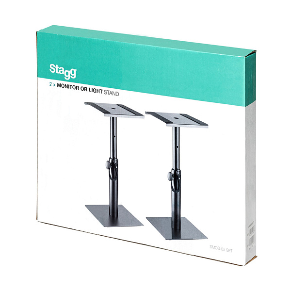 Комплект стоек STAGG [SMOS-05 SET] 2 стойки для студийных мониторов, 2-х секционные, металлическая конструкция с квадратным основанием 24х24 см, размер полочки 23х23 см, высота 30/40/50 см, максимальная нагрузка 25 кг, вес 2,75 кг (шт.), цвет черный