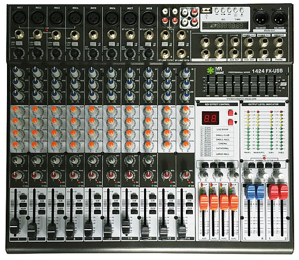 YPi Sound 1424FX-USB Микшерный пульт, 8 моно каналов, 4 стерео канала, процессор эффектов.