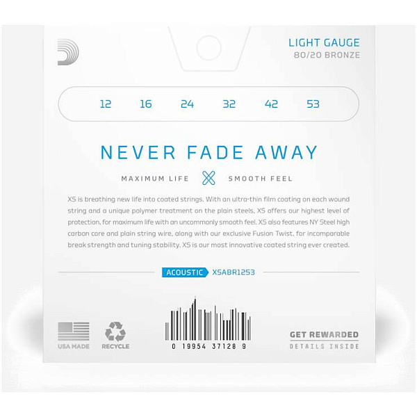 D'Addario XSABR 1253 - Струны для акустической гитары (12-53), Custom Light, серия XS