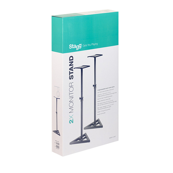 Комплект стоек STAGG [SMOS-10 SET] 2 стойки для студийных мониторов, металлическая конструкция с треугольным основанием 44х44х44 см, размер полочки 23х23 см, высота 80-110 см, 4 фикс. положения, макс. нагрузка 40 кг, вес 3,75 кг (шт.), цвет черный