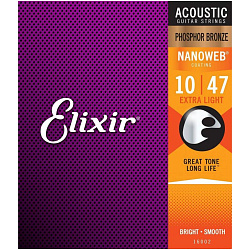 Elixir 16002 NanoWeb - Струны для акустической гитары (10-47), Phos Bronze, Extra Light 