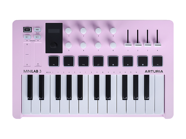 MIDI клавиатура [231509] Arturia [MiniLAB 3 Rose Quartz] 25 клавиш, 8 энкодеров, 8 RGB пэдов, 8 фейдеров, дисплей, сенсорные регуляторы Pitch/Modulation, MIDI-выход, 1/4" Jack вход педали, режим Chord, арпеджиатор, USB-C