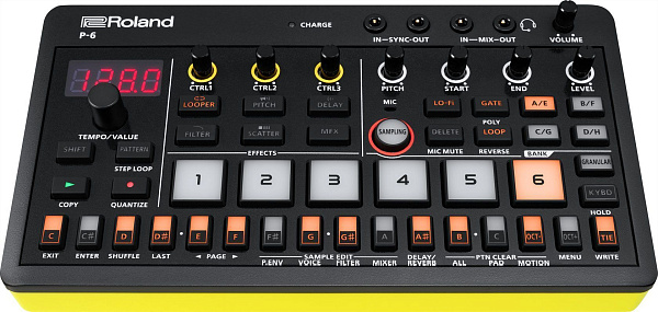 Компактный креативный сэмплер ROLAND [P-6] серии AIRA Compact с 48 сэмплами, 6 пэдами, 64-шаговым секвенсором, гранулярным режимом, 20 мультиэффектами, USB-C, MIDI, встроенным микрофоном, работает от аккумулятора (до 3 ч).