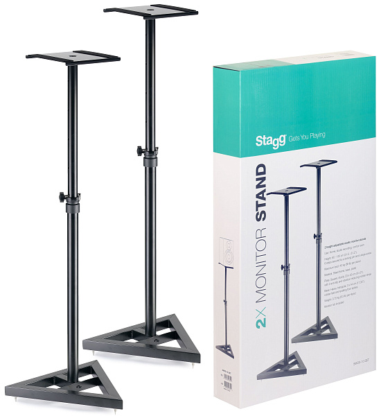 Комплект стоек STAGG [SMOS-10 SET] 2 стойки для студийных мониторов, металлическая конструкция с треугольным основанием 44х44х44 см, размер полочки 23х23 см, высота 80-110 см, 4 фикс. положения, макс. нагрузка 40 кг, вес 3,75 кг (шт.), цвет черный