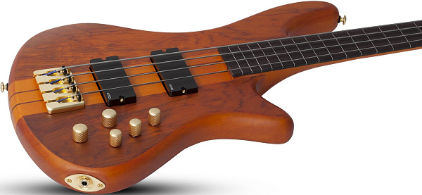 Бас-гитара безладовая  SCHECTER [STILETTO STUDIO-4 FL HSN] бас-гитара 4-струнная безладовая, корпус: красное дерево, топ: бубинга, гриф: клен/многослойный орех, накладка: палисандр, цвет: Honey Satin (HSN)