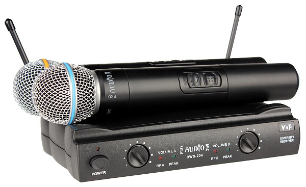 PROAUDIO DWS-204HT радиосистема, двухантенная, с двумя микрофонами, VHF 200 МГц