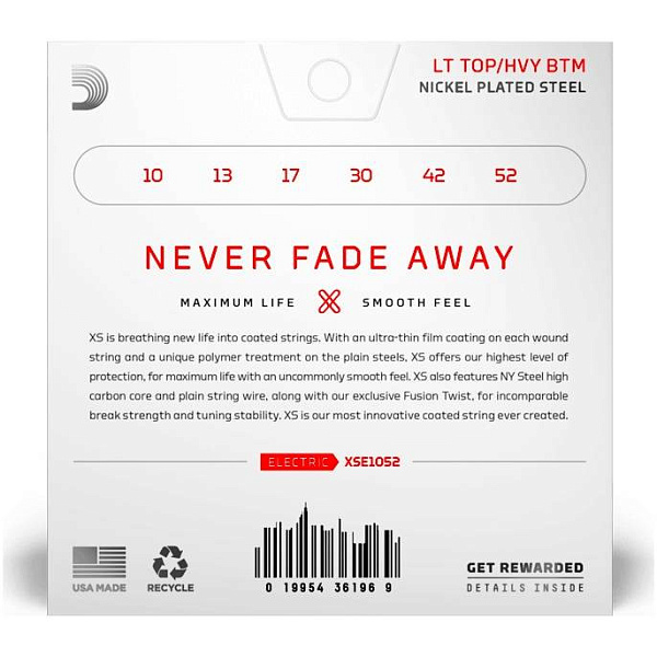 D'Addario XSE1052 - Cтруны для электрогитары (10-52) , Light top/Heavy bottom, серия XS